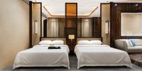 3d rendering luxury bedroom suite in resort  hotel with twin bed and living