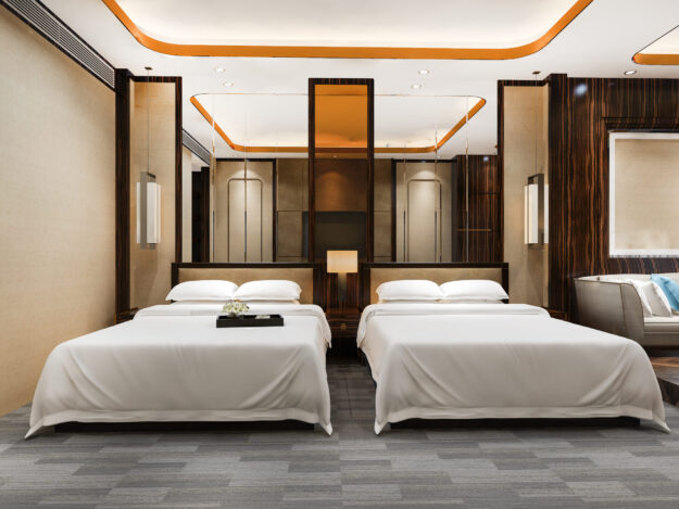 3d rendering luxury bedroom suite in resort  hotel with twin bed and living