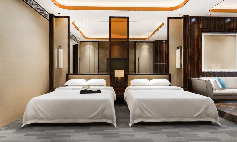 3d rendering luxury bedroom suite in resort  hotel with twin bed and living