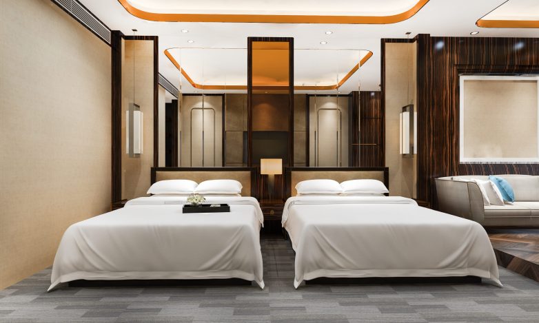 3d rendering luxury bedroom suite in resort hotel with twin bed and living 3d rendering luxury bedroom suite in resort hotel with twin bed and living