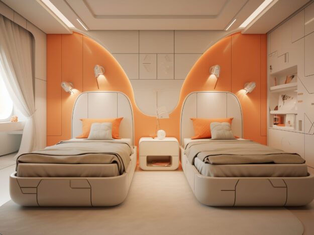 2 twin beds in a modern kids' bedroom, in the style of orange and beige, lifelike renderings, cubist planes, highly realistic, decorative, dreamlike quality, decorative style --ar 4:3 --v 5.2 Job ID: ba8c8d43-9b41-4d0e-b126-23f3dede0185