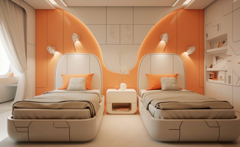 view-bedroom-with-futuristic-decor-style 2 twin beds in a modern kids' bedroom, in the style of orange and beige, lifelike renderings, cubist planes, highly realistic, decorative, dreamlike quality, decorative style --ar 4:3 --v 5.2 Job ID: ba8c8d43-9b41-4d0e-b126-23f3dede0185