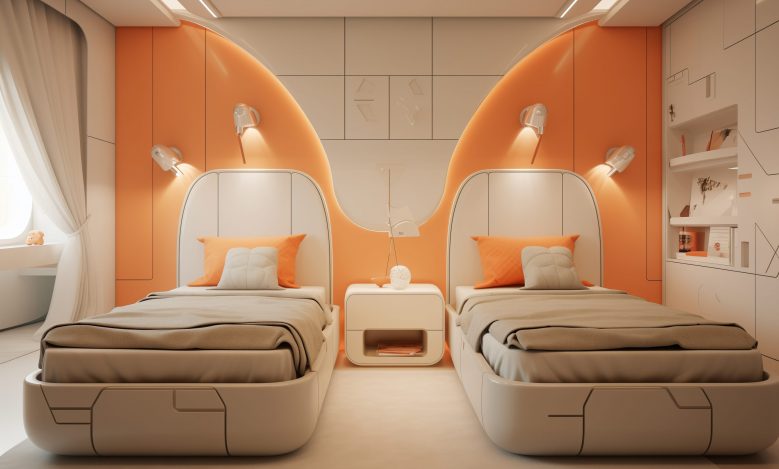 2 twin beds in a modern kids' bedroom, in the style of orange and beige, lifelike renderings, cubist planes, highly realistic, decorative, dreamlike quality, decorative style --ar 4:3 --v 5.2 Job ID: ba8c8d43-9b41-4d0e-b126-23f3dede0185